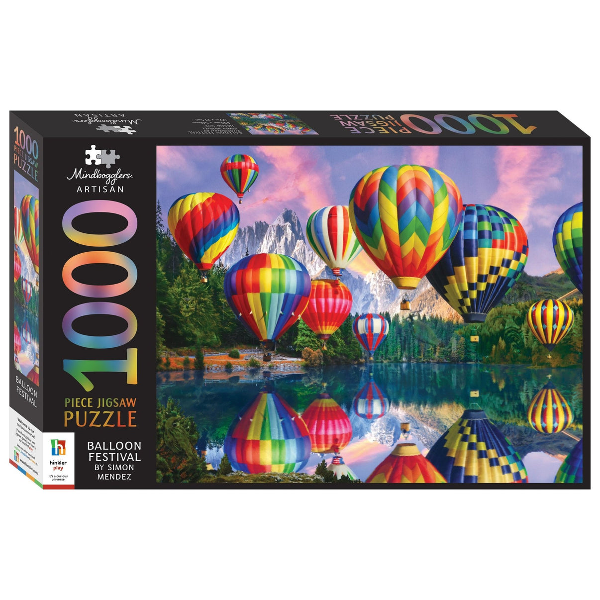 1000-piece jigsaw puzzle box showing colorful hot air balloons above a mountain lake