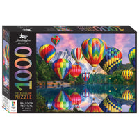 1000-piece jigsaw puzzle box showing colorful hot air balloons above a mountain lake