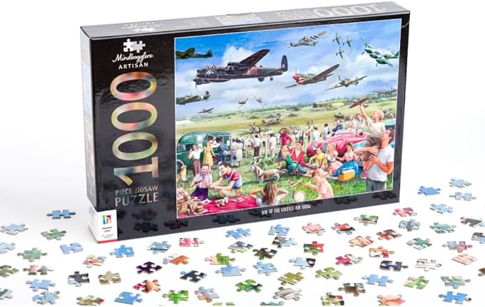 1000-piece jigsaw puzzle box with airplane-themed art and scattered pieces
