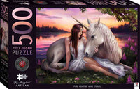 Artisan jigsaw puzzle box with unicorn and woman artwork, 500-piece
