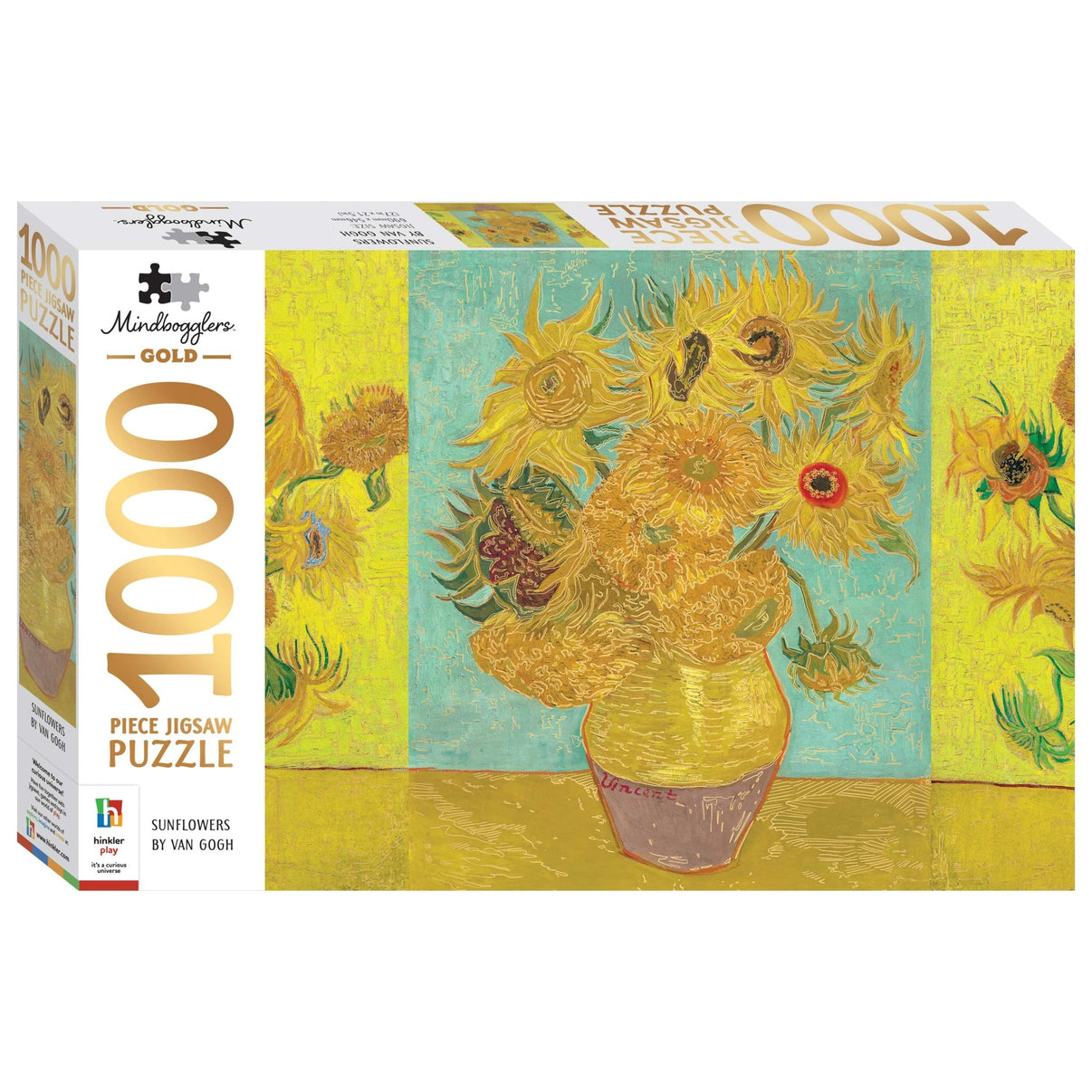 Mindbogglers Gold 1000-piece jigsaw puzzle box with sunflower artwork