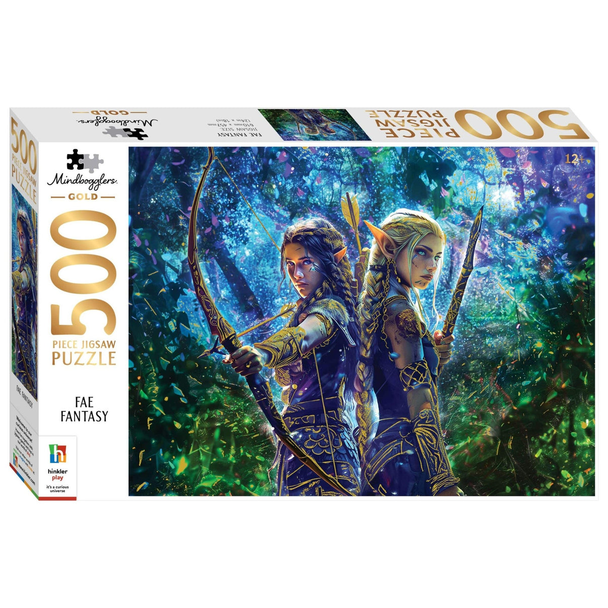 500-piece jigsaw puzzle box showing fantasy elf duo and blue-green forest artwork