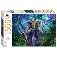 500-piece jigsaw puzzle box showing fantasy elf duo and blue-green forest artwork