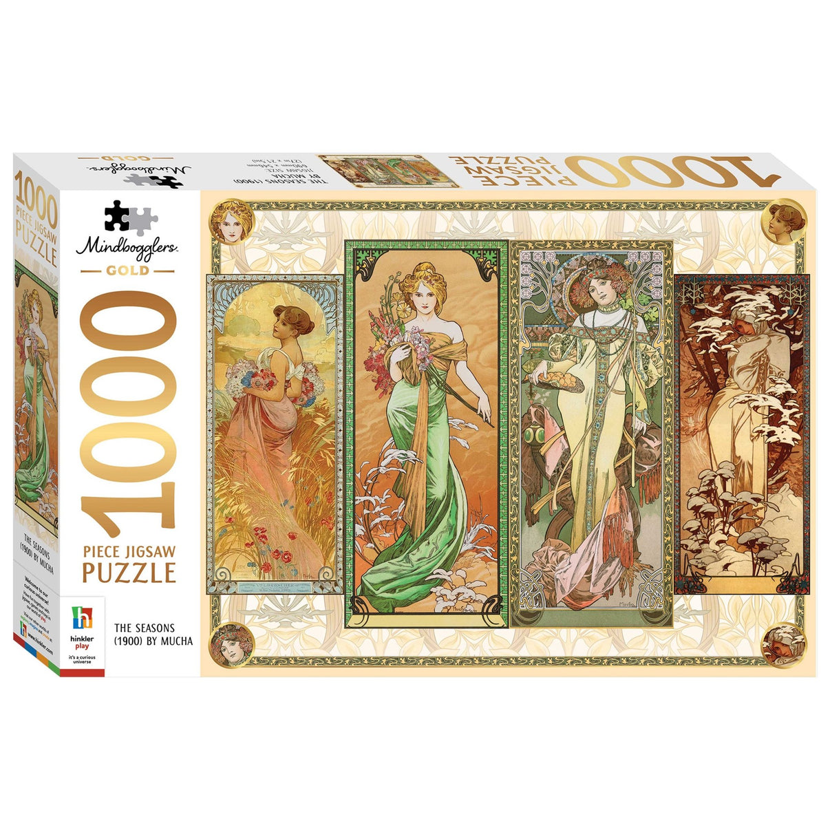 1000-piece jigsaw puzzle box showing four panels of Mucha-style women in green robes