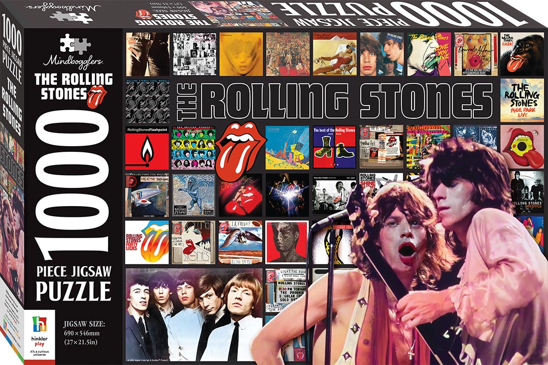 Mindbogglers Rolling Stones 1000-piece jigsaw puzzle box with collage artwork