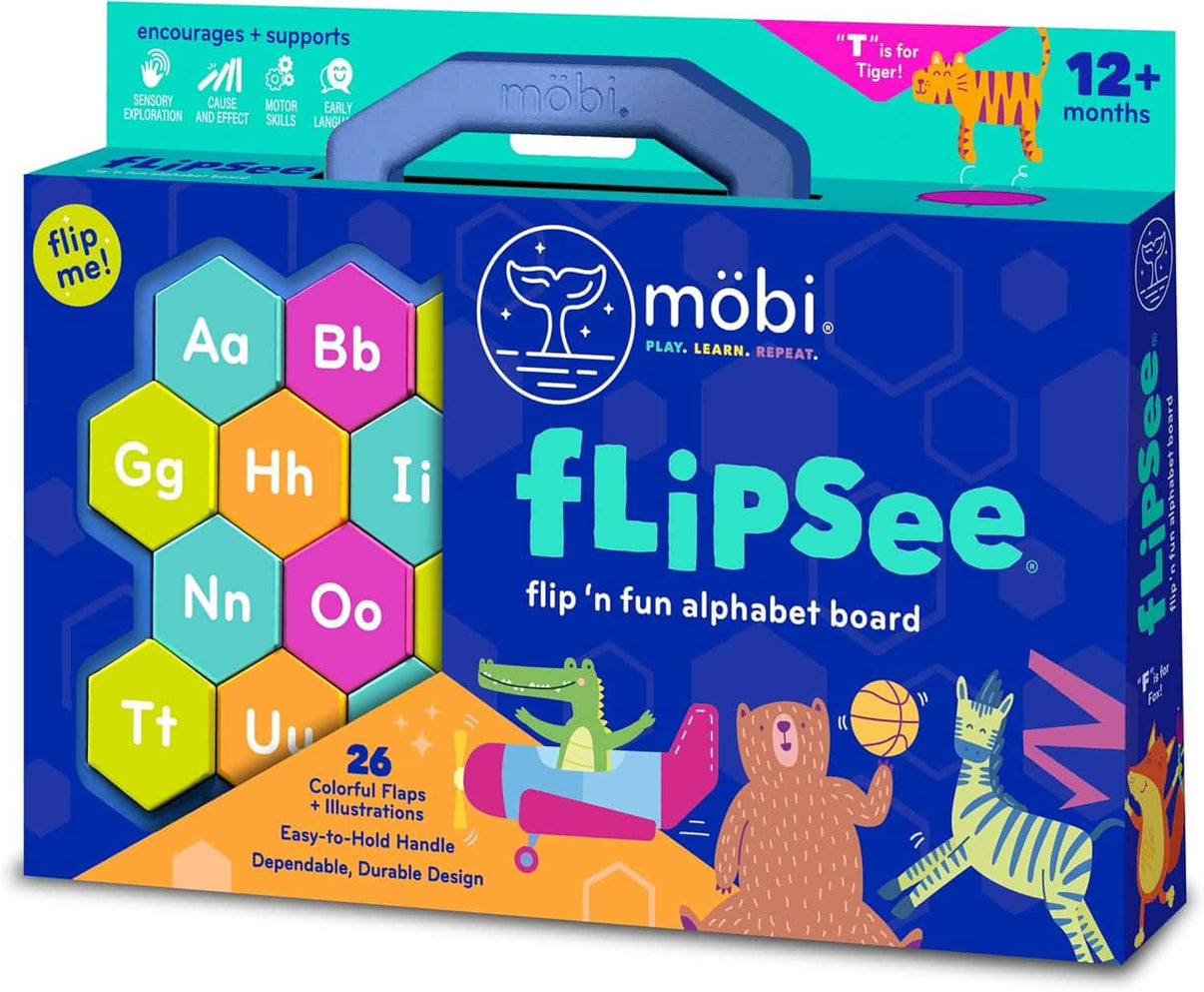 Flipsee alphabet learning toy box with colorful letter flaps and handle