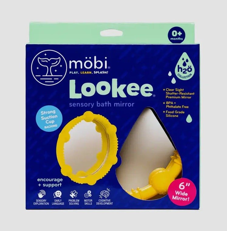 Mobi sensory bath mirror retail box with yellow circular mirror shown