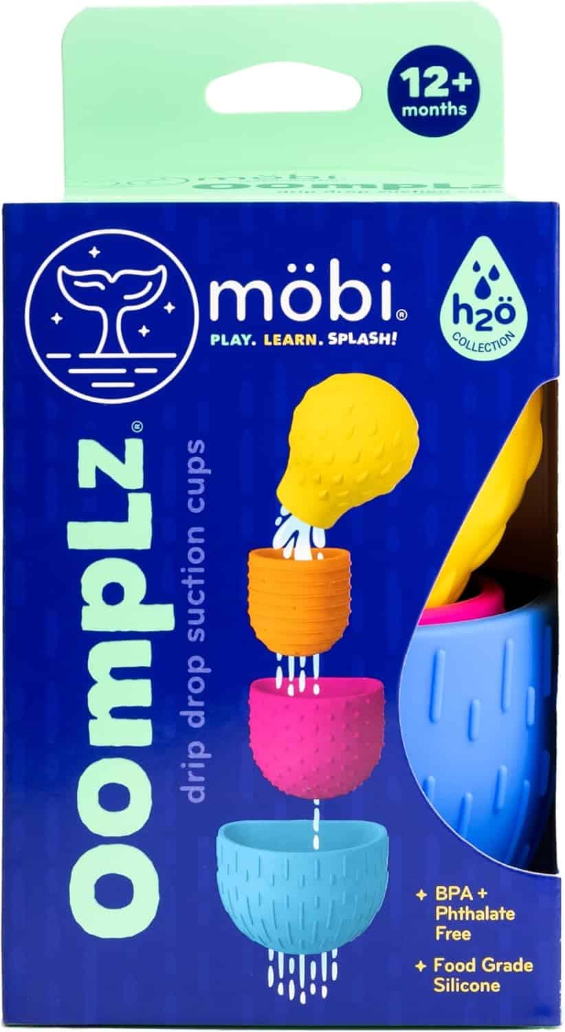 Mobi Oomplz drip drop suction cup set package, blue and yellow cups shown