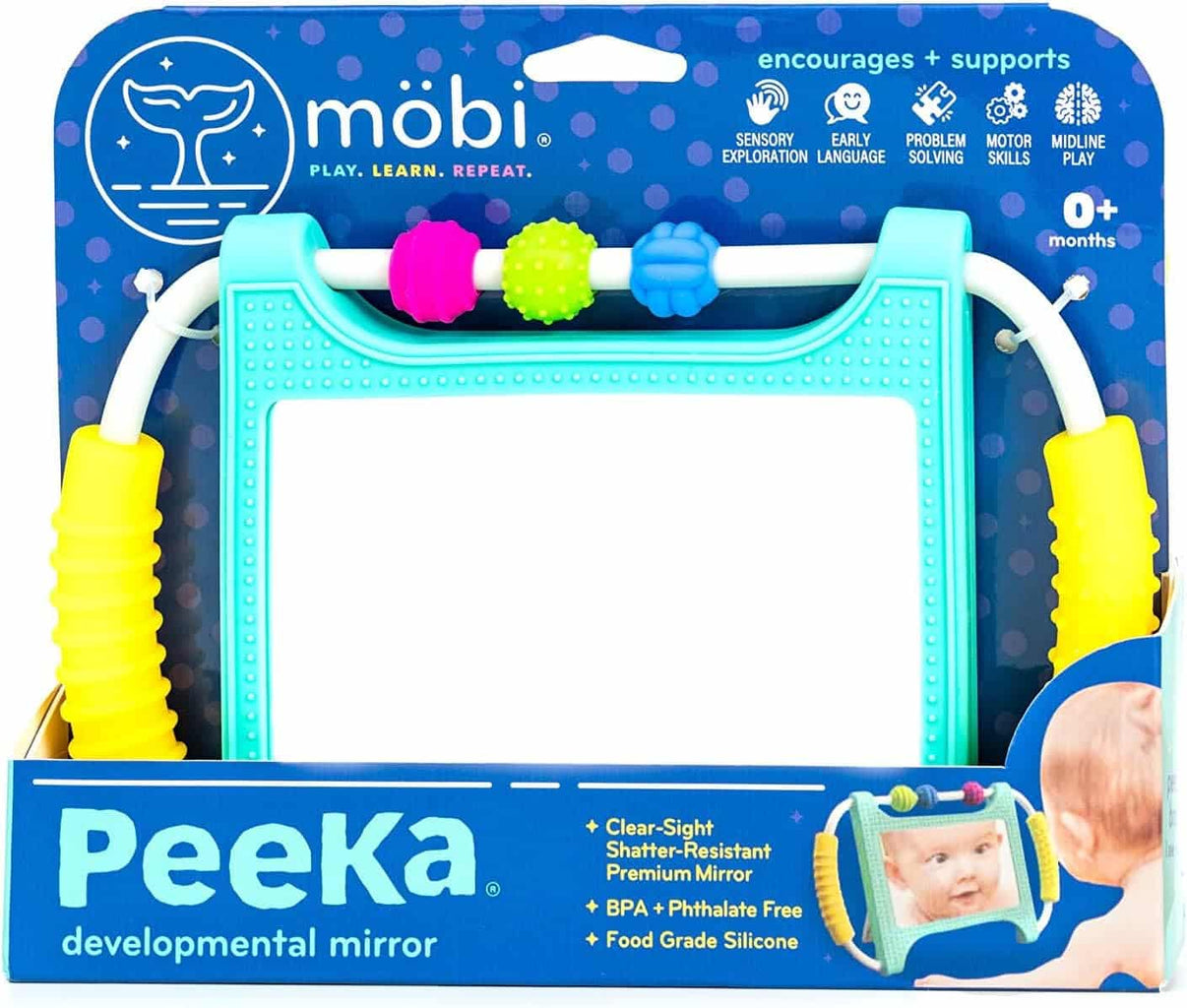 Baby tummy time mirror with teal frame and colorful silicone bead rollers