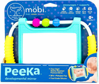 Baby tummy time mirror with teal frame and colorful silicone bead rollers