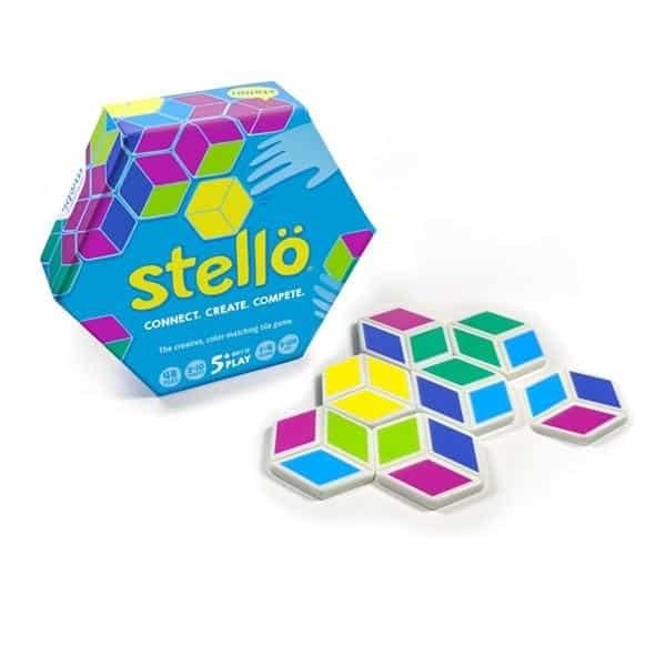 Stello board game box with hexagon tile graphics and logo