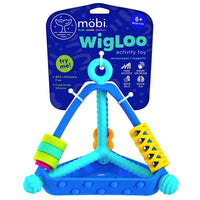 Mobi Wigloo activity toy package with blue base and multicolor spring and ring parts
