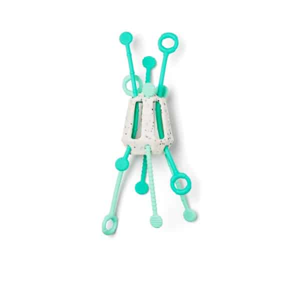 Sensory activity toy with white base and teal textured cords, looped grippers