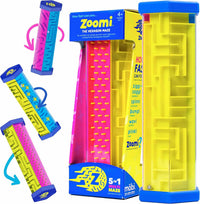 Hexagon maze puzzle game with blue, pink and yellow stacked ramps