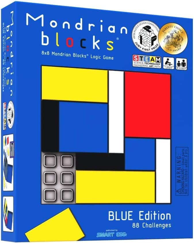 Blue edition Mondrian blocks logic game box with colorful square block artwork