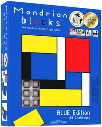 Blue edition Mondrian blocks logic game box with colorful square block artwork