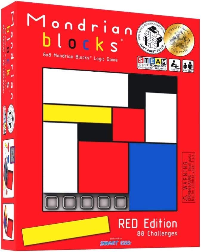 Red edition Mondrian blocks 8x8 logic game box with red, black, white, and yellow blocks