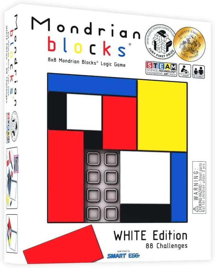 White logic puzzle game box with Mondrian-style blocks and 88 challenges