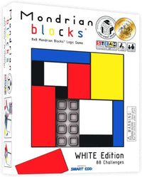White logic puzzle game box with Mondrian-style blocks and 88 challenges
