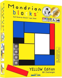 Yellow Mondrian Blocks logic game box with geometric block layout on front
