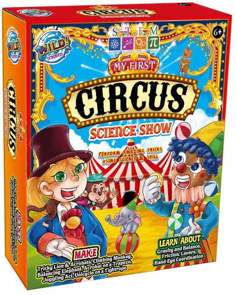 Circus science show toy kit in display box with circus characters and science icons