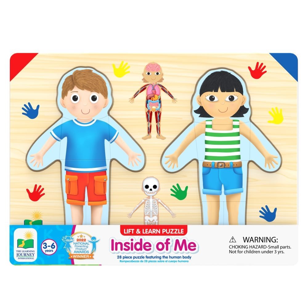 Lift-and-learn puzzle board showing two kids and a central skeleton figure