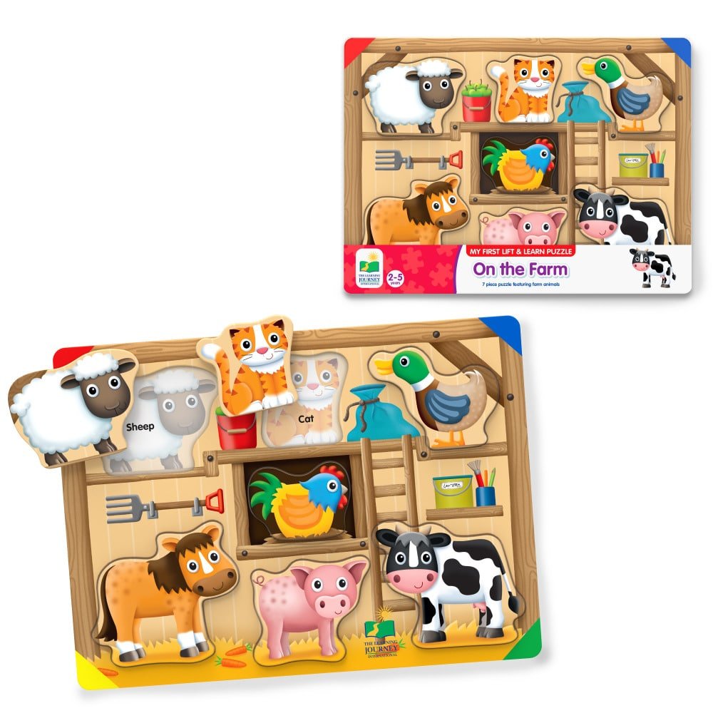 Farm lift-and-learn puzzle with barn scene and 7 animal pieces