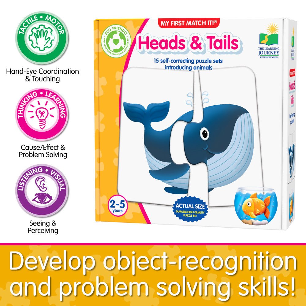Self-correcting Heads & Tails puzzle box with elephant animal card graphics