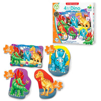 4-in-a-Box dino jigsaw puzzle set, includes four dinosaur puzzles in a box