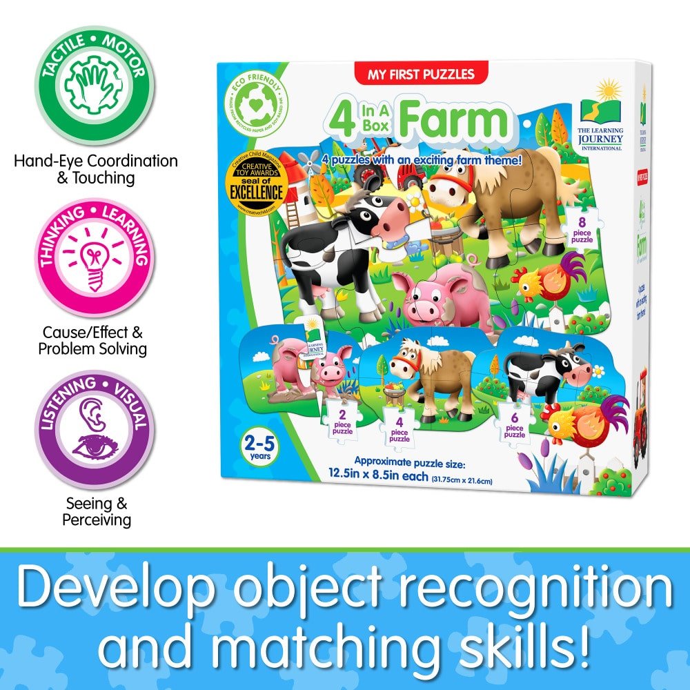 Farm 4-in-a-box puzzle set box featuring cow and pig farm scenes