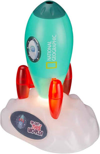 Teal space rocket projector on white base with red side fins and front window