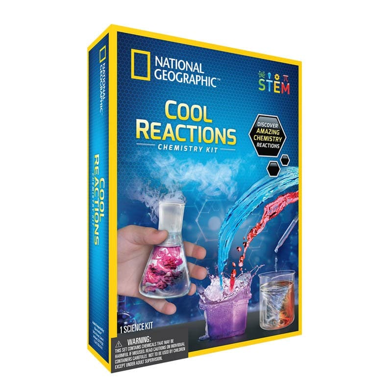 Chemistry kit box, blue Cool Reactions branding with STEM icon