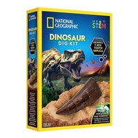 National Geographic dinosaur dig kit box front and side panels with T. rex tooth replica