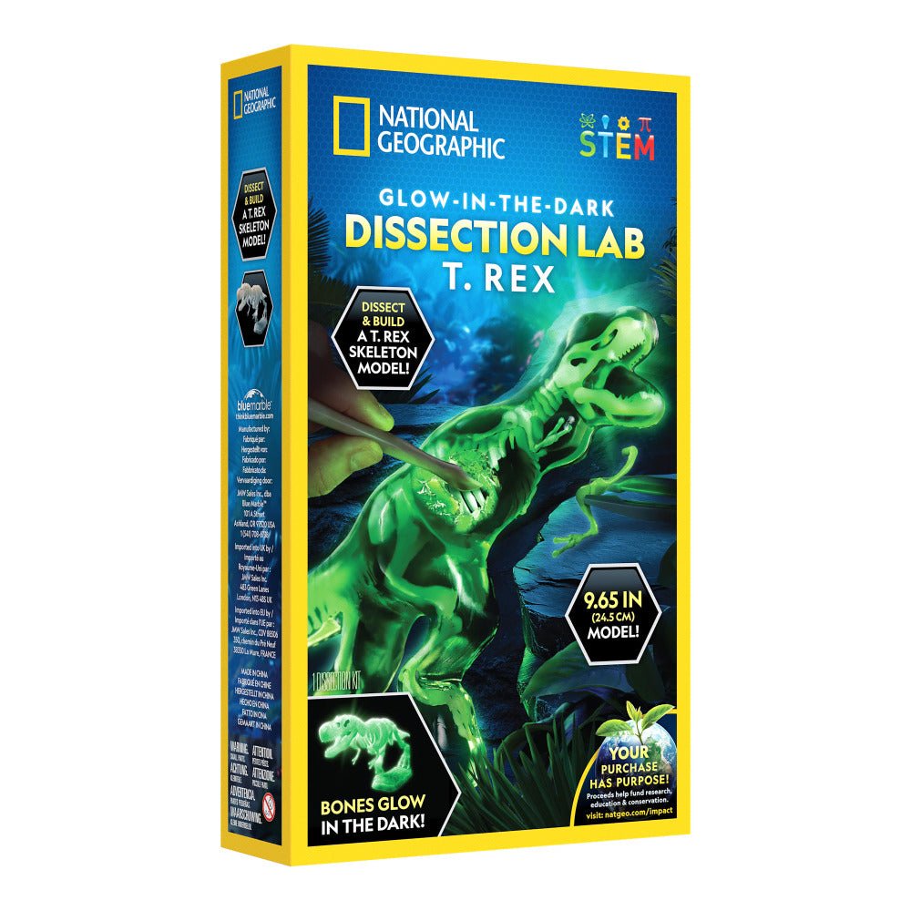 Glow-in-the-dark T. Rex dissection lab kit, yellow and blue box with green glow art
