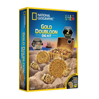 Gold doubloon dig kit box with National Geographic STEM branding and gold artifacts