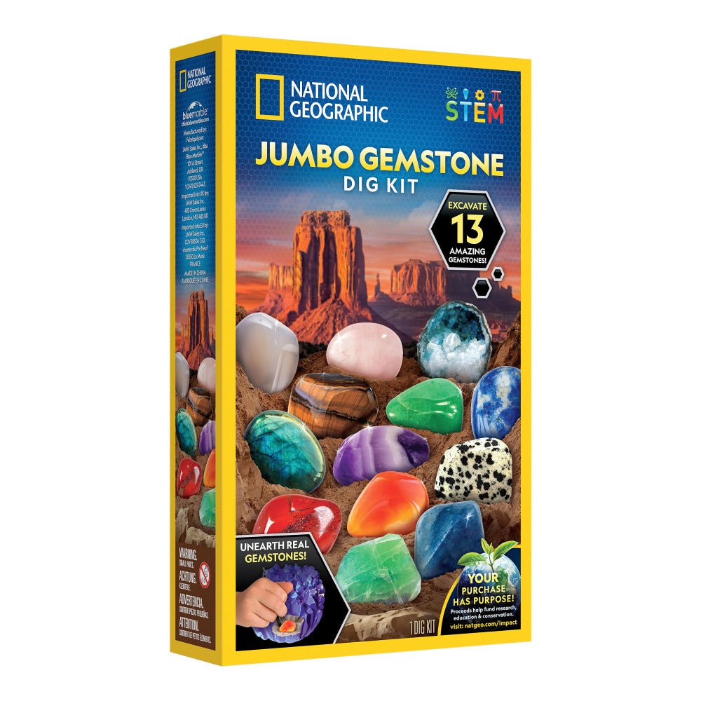 National Geographic STEM Jumbo Gemstone Dig Kit box with gemstone specimens