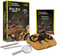 National Geographic Real Bug Dig Kit box with included digging tools, magnifier, rocks