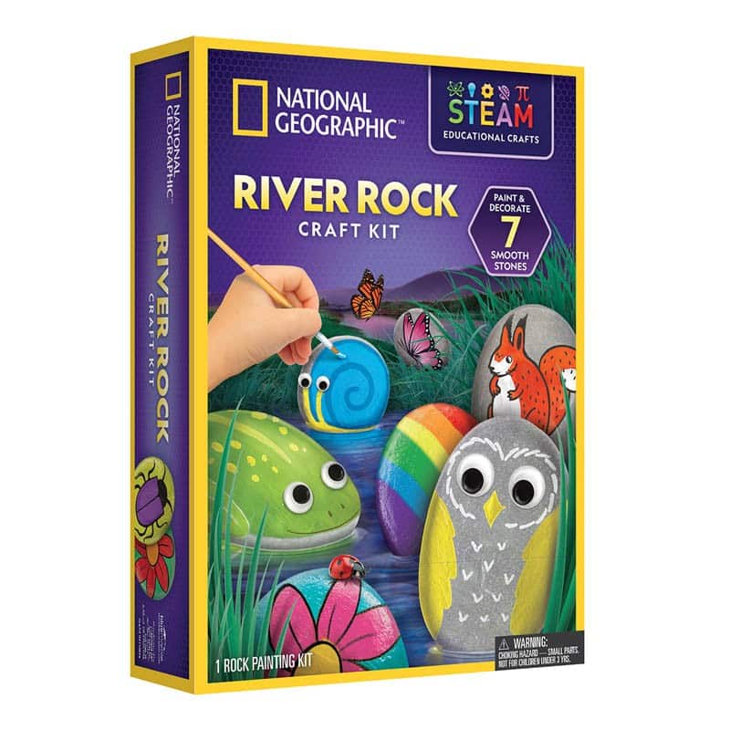 River rock craft kit in gift box with animal rock designs, paint and stones instructions