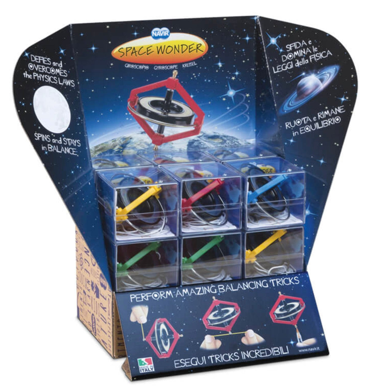 Space-themed gyroscope toy display box showing multiple colored frames