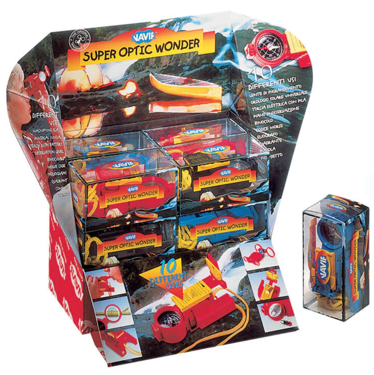 12-in-1 outdoor tool in display box, with pictured tools and accessories