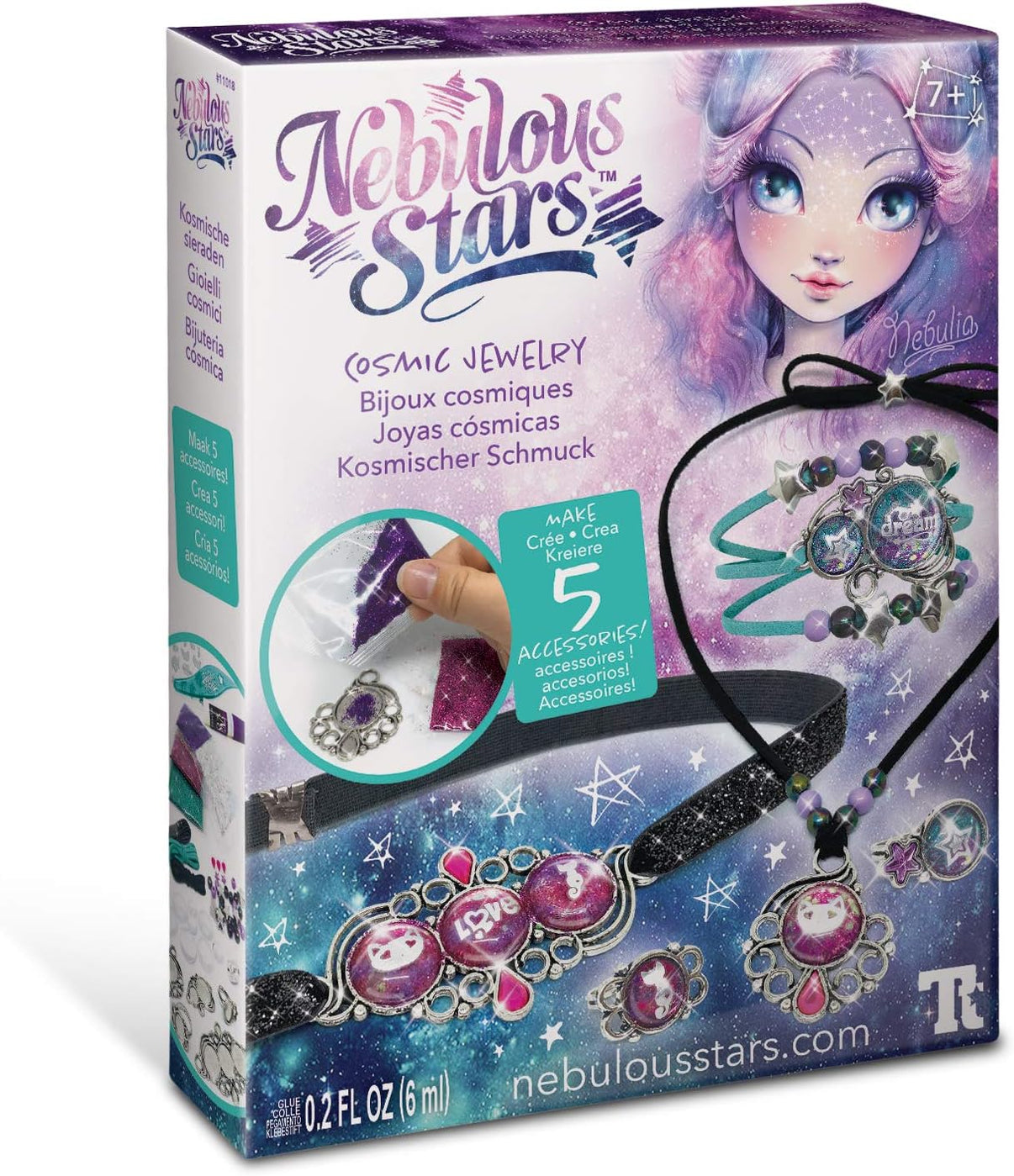 Cosmic jewelry craft kit box with star-themed girl artwork and necklace accessories