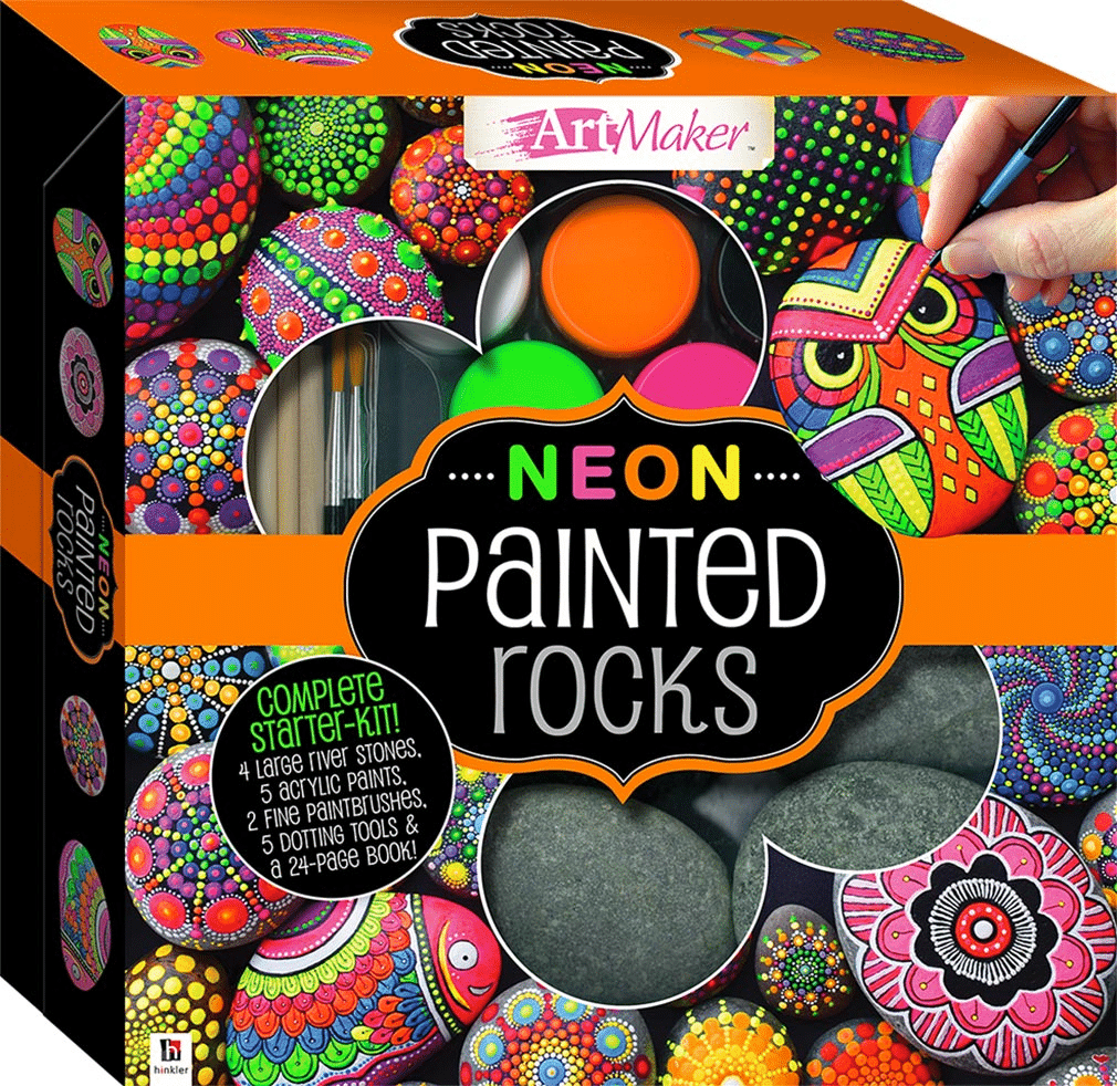 Deluxe neon painted rocks kit box with colorful rock design artwork