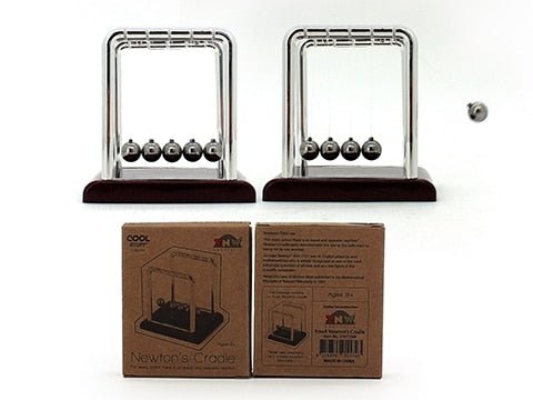 Small Newton's cradle set with two metal arches, dark base, and steel balls