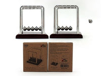 Small Newton's cradle set with two metal arches, dark base, and steel balls
