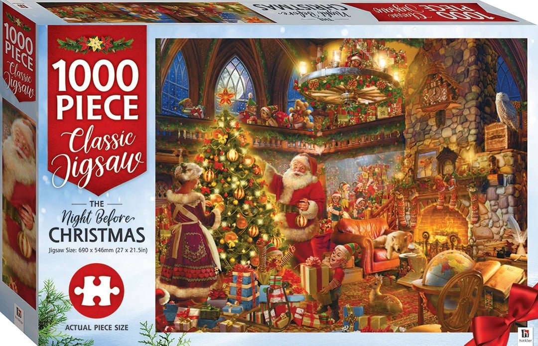 Christmas jigsaw puzzle box, 1000-piece scene with Santa and elves around a tree