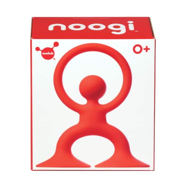 Noogi Moluk toy box with red ring and seated figure graphic, O+ label