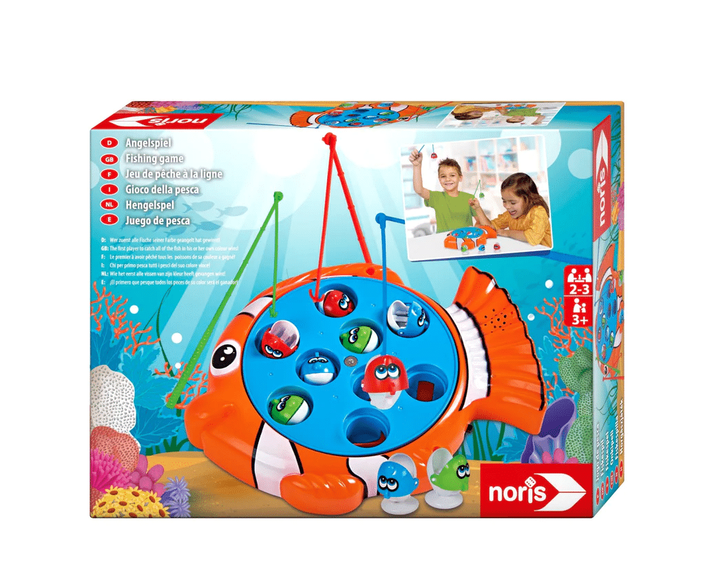 NORIS fishing game toy in retail box, orange-and-blue fish with fishing rods