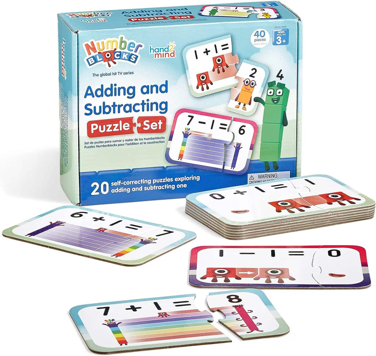 Adding and subtracting puzzle set box with number cards and character tiles