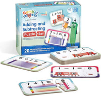 Adding and subtracting puzzle set box with number cards and character tiles