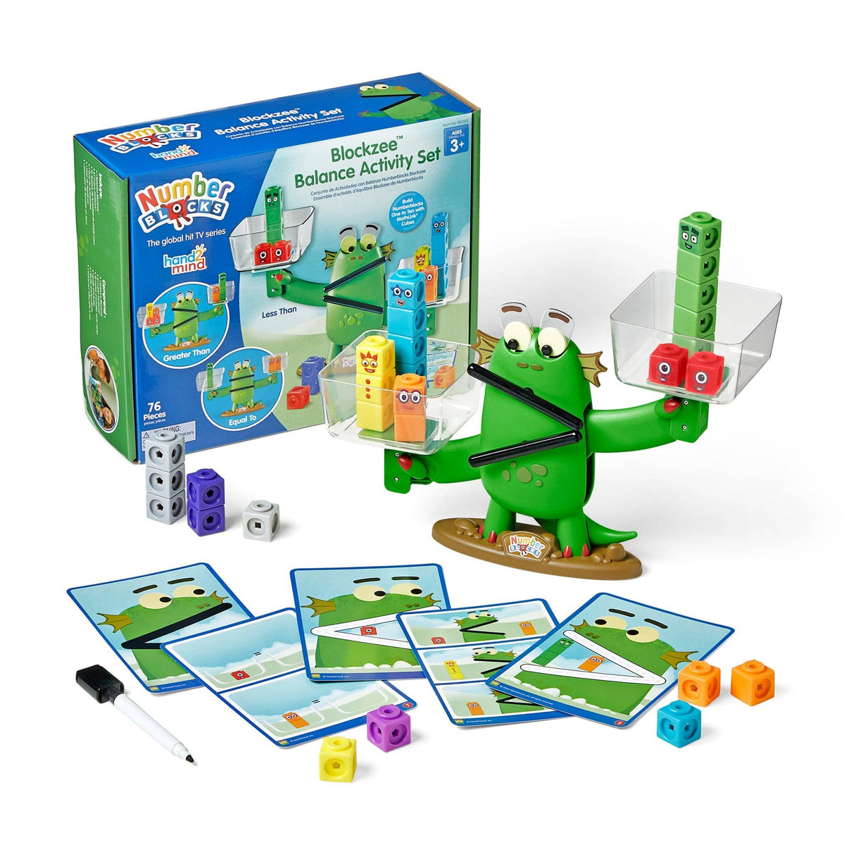 Balance activity math set: green crocodile scale, blocks, and activity cards